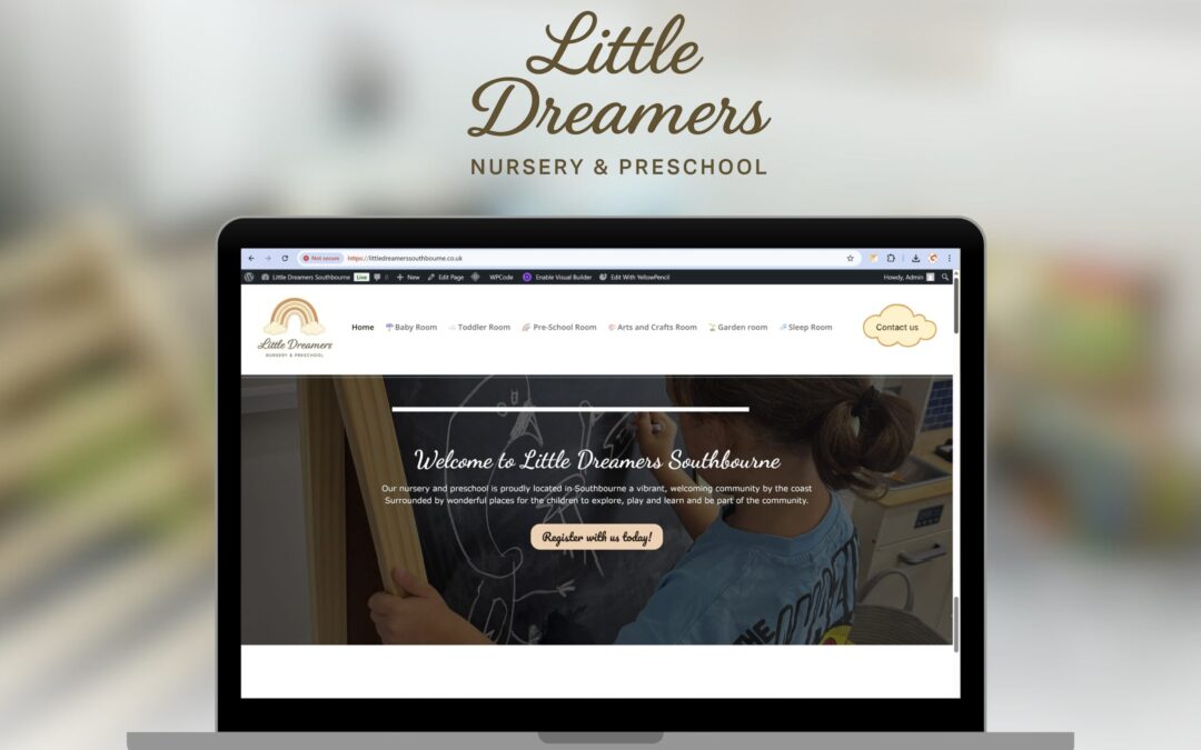 Little Dreamers Nursery & Pre-School website on laptop. "Welcome to Little Dreamers Southbourne.