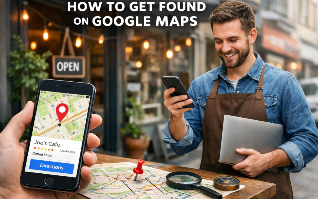 Promotional graphic showing a local business owner using a phone and laptop, with a map and smartphone screen displaying a Google Maps business location.